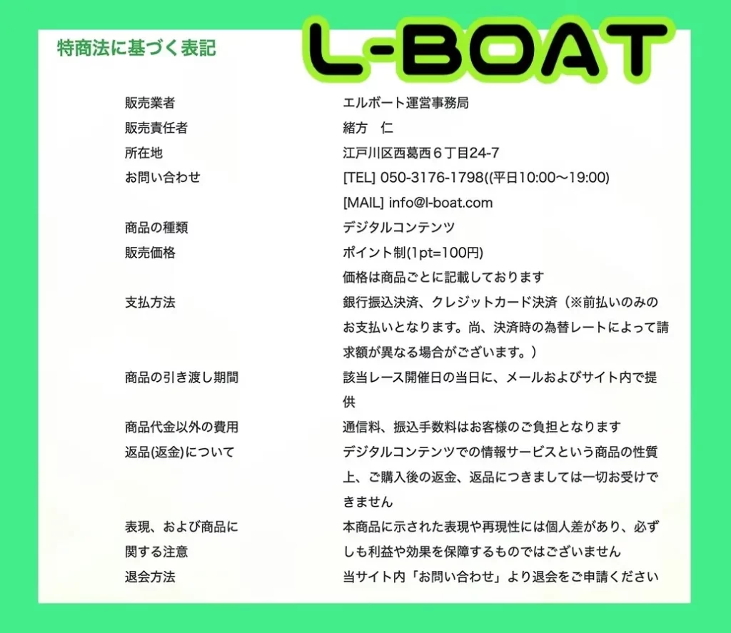 前回検証した悪徳かつ悪質で稼げない競艇予想サイト「L-BOAT（エルボート）」の「特商法に基づく表記」のキャプチャ画像