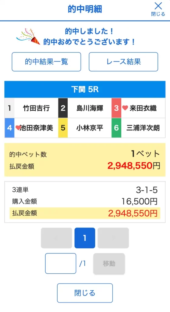 2026年2月14日下関5R的中画像