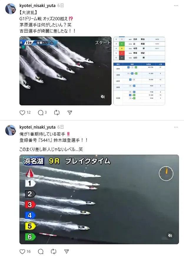競艇インフルエンサー「二埼優太」のスレッズの投稿内容